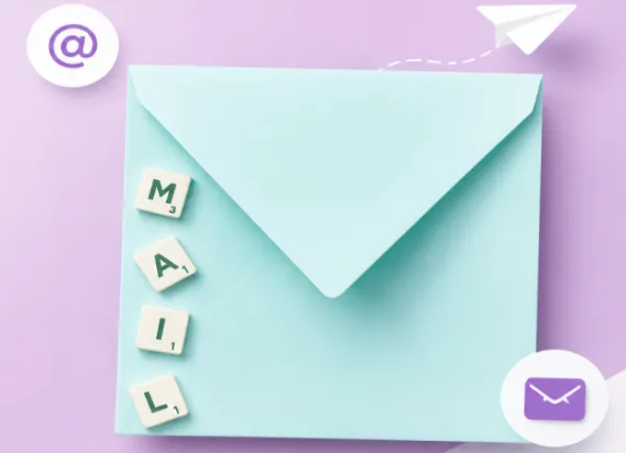 Minimalist flat lay showing a blue envelope and 'MAIL' spelled with Scrabble tiles on a purple background.